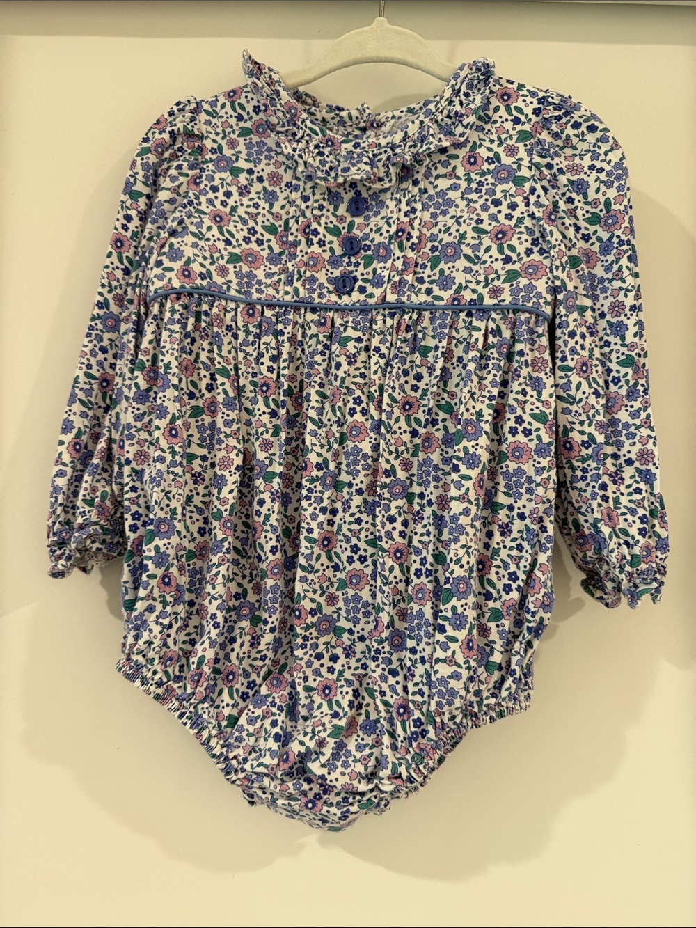 Little English Floral Long-Sleeve One-Piece in White, Blue, Pink